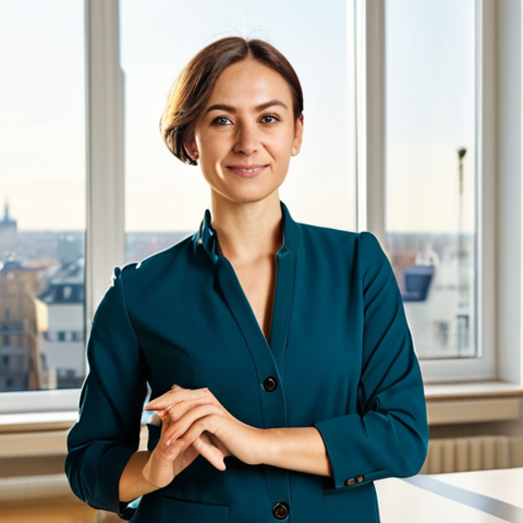 A professional female cosmetologist in her early 30s, of Polish ethnicity, dressed in modest, professional business casual attire. She is standing in a bright, contemporary apartment living room with sunlight streaming through a large window, offering a soft focus view of a European city skyline in the distance. The atmosphere is welcoming and aspirational, hinting at new beginnings. safe for work, appropriate content, fully clothed, professional, modest, perfect anatomy, correct proportions, natural pose, well-formed hands, proper finger count, natural body proportions, high detail, realistic, vibrant colors, soft lighting.