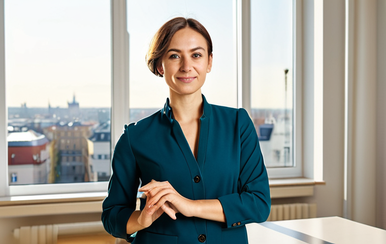 A professional female cosmetologist in her early 30s, of Polish ethnicity, dressed in modest, professional business casual attire. She is standing in a bright, contemporary apartment living room with sunlight streaming through a large window, offering a soft focus view of a European city skyline in the distance. The atmosphere is welcoming and aspirational, hinting at new beginnings. safe for work, appropriate content, fully clothed, professional, modest, perfect anatomy, correct proportions, natural pose, well-formed hands, proper finger count, natural body proportions, high detail, realistic, vibrant colors, soft lighting.