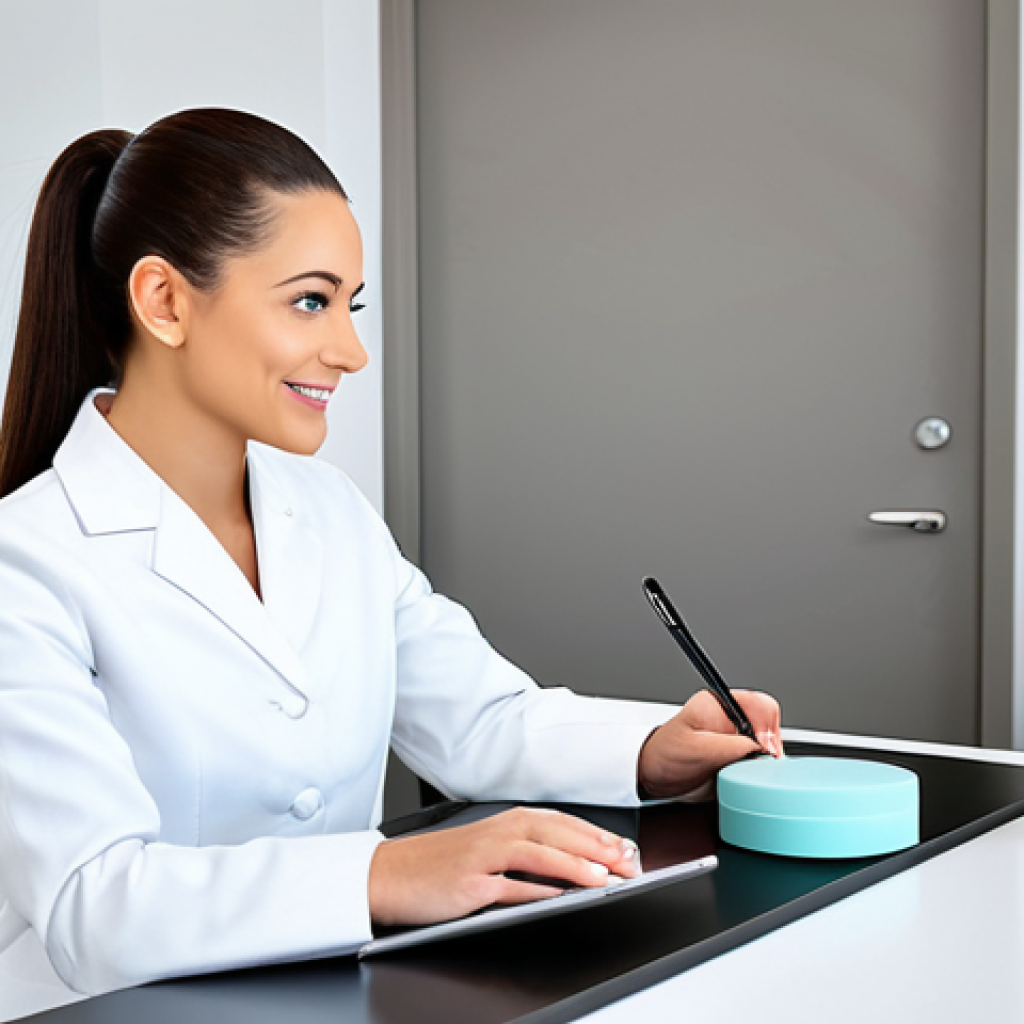 A professional female cosmetologist with a warm, empathetic expression, actively listening to a female client during a consultation in a modern, brightly lit beauty salon. The cosmetologist is wearing a modest, professional uniform, and the client is in elegant, appropriate attire. They are seated comfortably at a clean, contemporary consultation desk with a tablet and professional skincare brochures visible. The atmosphere is calm and trustworthy. Full body shot, perfect anatomy, correct proportions, natural pose, well-formed hands, proper finger count, natural body proportions. High-quality professional photography, safe for work, appropriate content, fully clothed, professional, family-friendly.