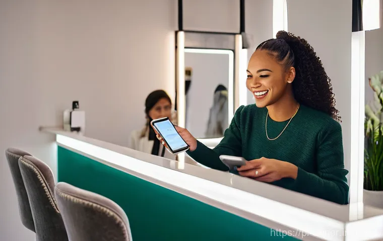 피부관리사로서의 소셜미디어 리뷰 관리 - **Prompt:** A modern, well-lit beauty salon reception area. A diverse group of impeccably dressed cl...