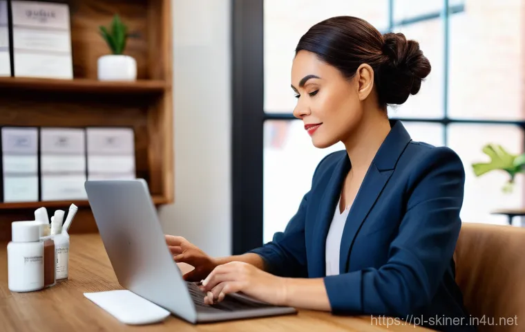 피부관리사로서의 소셜미디어 리뷰 관리 - **Prompt:** A modern, well-lit beauty salon reception area. A diverse group of impeccably dressed cl...