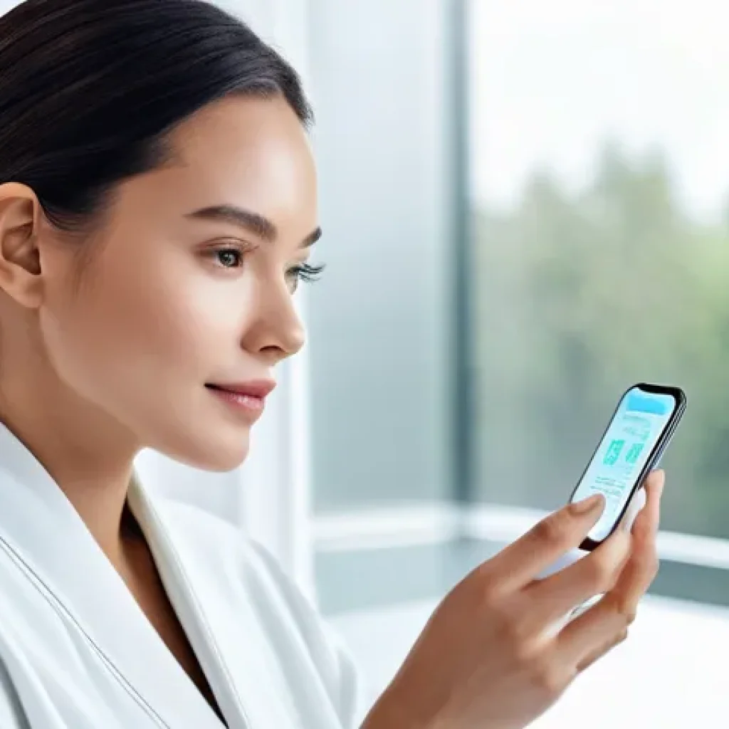 피부관리 관련 최신 기술 및 혁신 소개 - **Prompt:** "A woman in her early 30s with clear, healthy skin is seated at a bright, minimalist van...