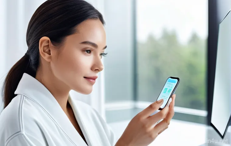 피부관리 관련 최신 기술 및 혁신 소개 - **Prompt:** "A woman in her early 30s with clear, healthy skin is seated at a bright, minimalist van...