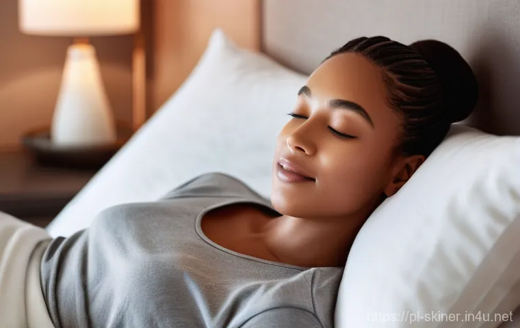 피부관리 관련 최신 기술 및 혁신 소개 - **Prompt:** "A woman in her early 30s with clear, healthy skin is seated at a bright, minimalist van...