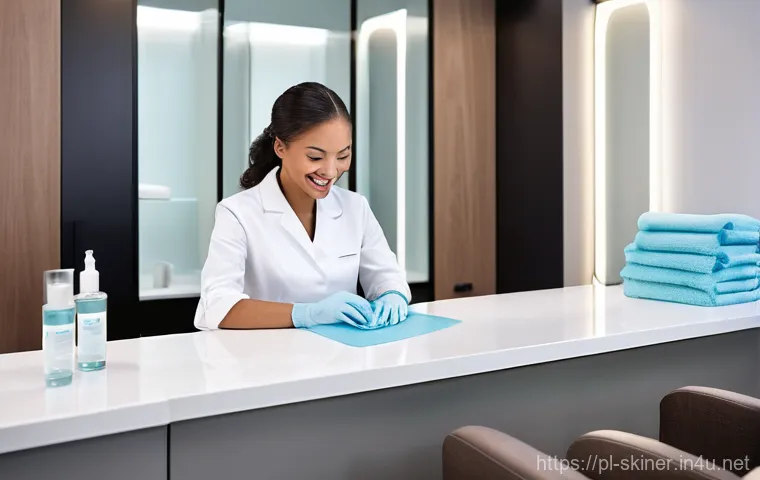 피부관리사의 도구 멸균 및 위생 관리 - **Prompt:** A professional female cosmetologist, dressed in a pristine, light-colored uniform and we...