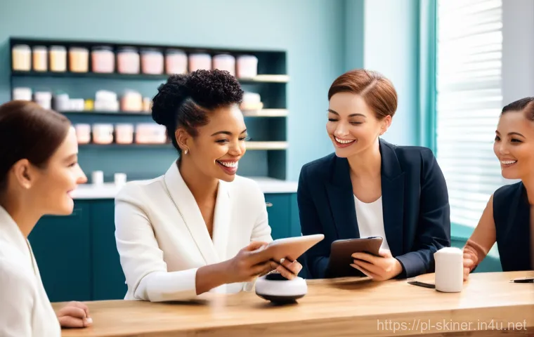 피부관리사의 워라밸 유지 전략 - A female cosmetologist in her early 30s, dressed in a professional, clean uniform, meticulously perf...