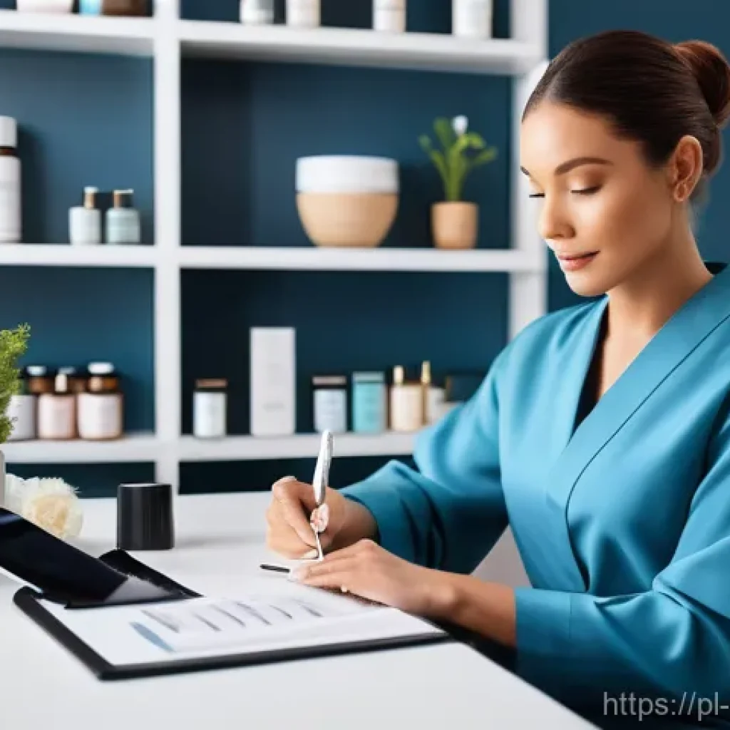 피부관리사의 하루 일과 - **A Cosmetologist's Morning Ritual:** A professional, female cosmetologist, in her late 30s, is seat...