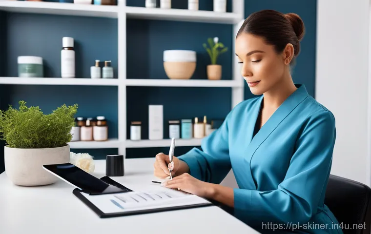 피부관리사의 하루 일과 - **A Cosmetologist's Morning Ritual:** A professional, female cosmetologist, in her late 30s, is seat...