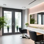 피부관리사의 고객과의 신뢰 구축 방법 - A modern Polish beauty salon interior emphasizing calm and professionalism: sleek, minimalist design...