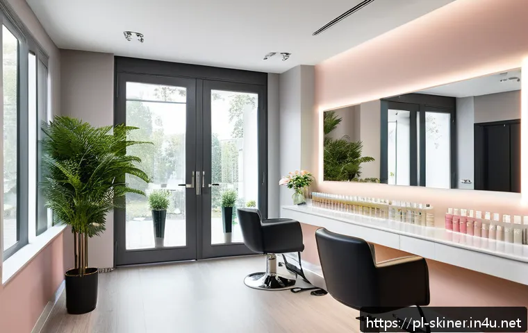피부관리사의 고객과의 신뢰 구축 방법 - A modern Polish beauty salon interior emphasizing calm and professionalism: sleek, minimalist design...