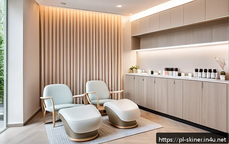 피부관리사로서의 고객 기대치 충족 방법 - A modern skincare clinic interior featuring a serene and welcoming atmosphere designed for Polish cl...