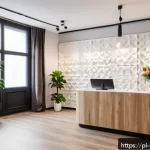 피부관리사로서의 고객층 확대 비법 - A modern beauty clinic reception area in Poland, featuring warm, inviting decor with soft lighting, ...