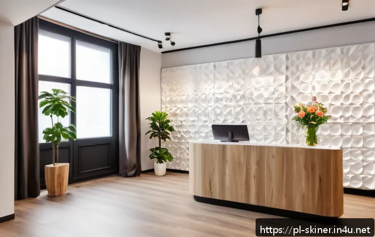 피부관리사로서의 고객층 확대 비법 - A modern beauty clinic reception area in Poland, featuring warm, inviting decor with soft lighting, ...