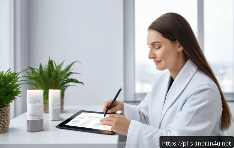 피부관리사의 자주 묻는 질문 정리 - A professional skincare consultation scene set in a modern dermatology clinic in Poland, featuring a...