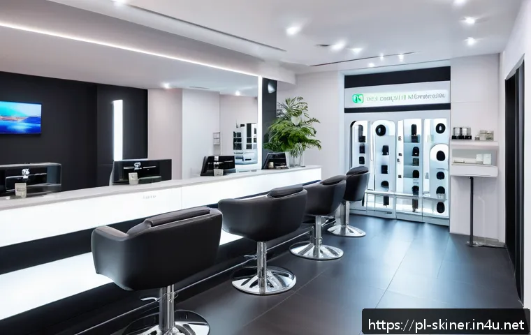 피부관리 고객 서비스에서의 프라이버시 보호 - A modern beauty salon interior focusing on data security: a sleek reception desk with a locked digit...