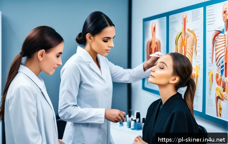 피부관리사 취업 후 교육 프로그램 - A professional cosmetology training classroom in Poland, featuring a diverse group of adult students...