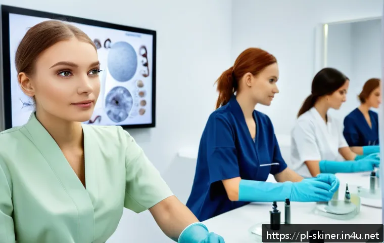 피부관리사 자격증 취득 방법 - A professional cosmetology training classroom in Poland, featuring a diverse group of adult students...