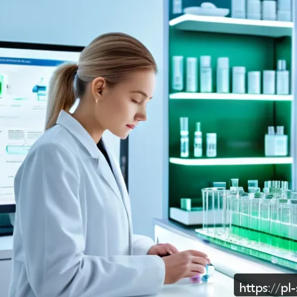 피부관리 제품 및 기술의 발전사 - A modern skincare laboratory scene showcasing advanced nanotechnology and biotechnology in cosmetics...