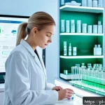 Home 18 피부관리 제품 및 기술의 발전사 - A modern skincare laboratory scene showcasing advanced nanotechnology and biotechnology in cosmetics...