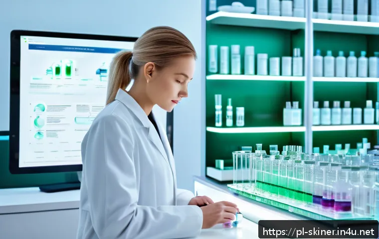 피부관리 제품 및 기술의 발전사 - A modern skincare laboratory scene showcasing advanced nanotechnology and biotechnology in cosmetics...