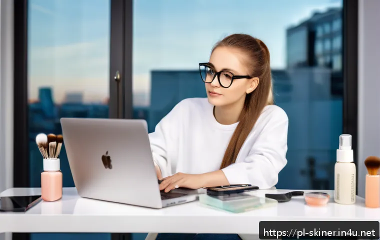피부관리사 학원과 온라인 강의 비교 - A modern online learning setup for a Polish cosmetology course: a young adult woman studying comfort...