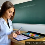 피부관리사의 자격증 과정에서의 실수 피하기 - Photorealistic vocational beauty therapy classroom in Poland, a focused young adult student in a cle...
