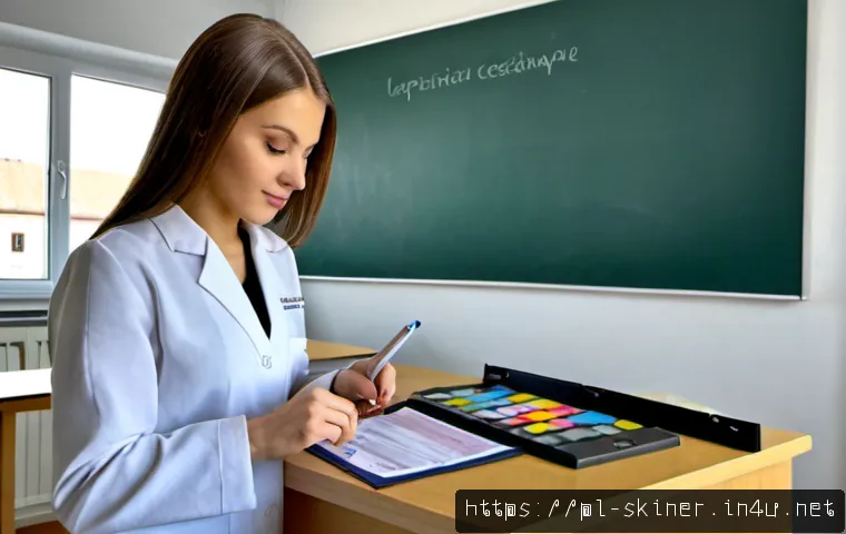 피부관리사의 자격증 과정에서의 실수 피하기 - Photorealistic vocational beauty therapy classroom in Poland, a focused young adult student in a cle...