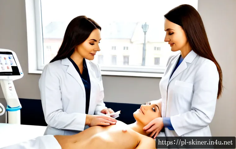 피부관리사의 전문 학회 가입 혜택 - Photorealistic professional skincare therapist in a bright modern Warsaw aesthetic clinic, confident...