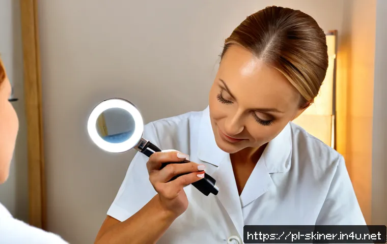 피부관리사의 피부 타입별 추천 사례 - Photorealistic skincare consultation in a modern, welcoming Warsaw beauty salon, a professional Poli...