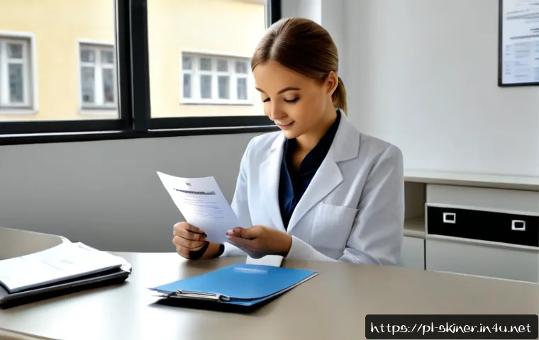 피부관리사의 경력 인증 및 관련 서류 준비 - Photorealistic Polish skincare professional in a neat white clinic uniform seated at a bright recept...